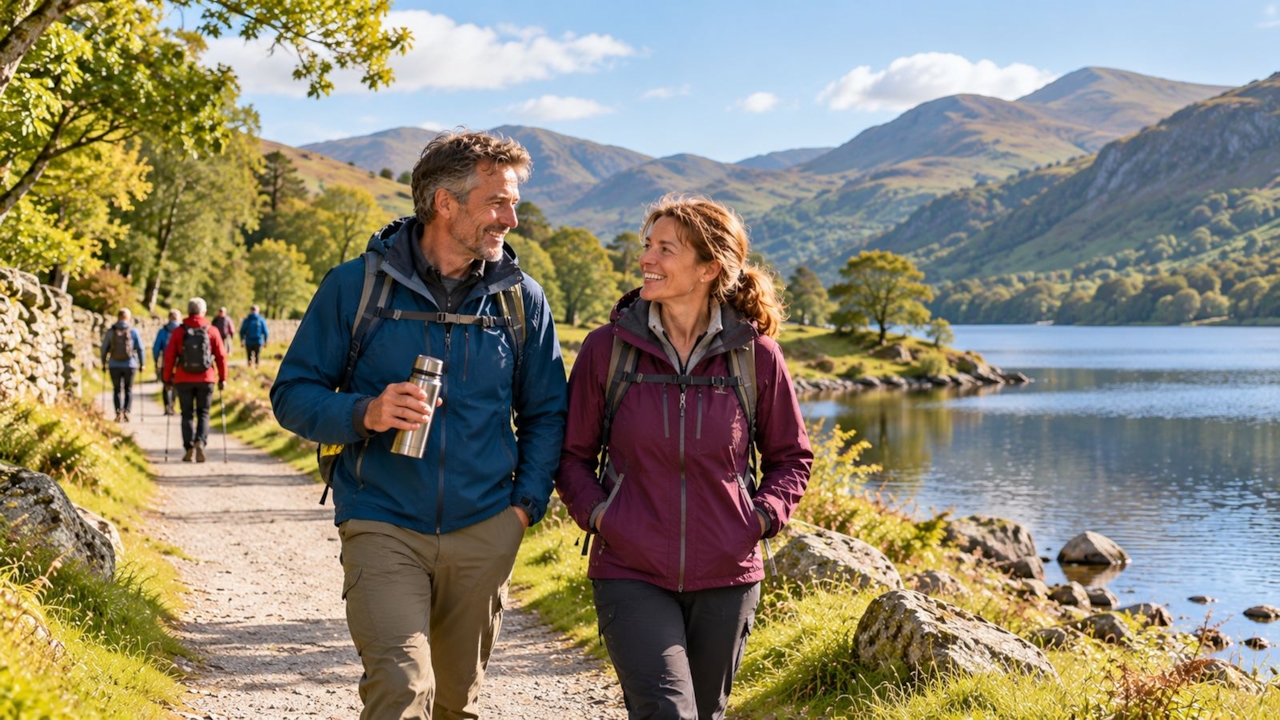 Two walkers strolling along a lakeside path with hills behind, soft morning light