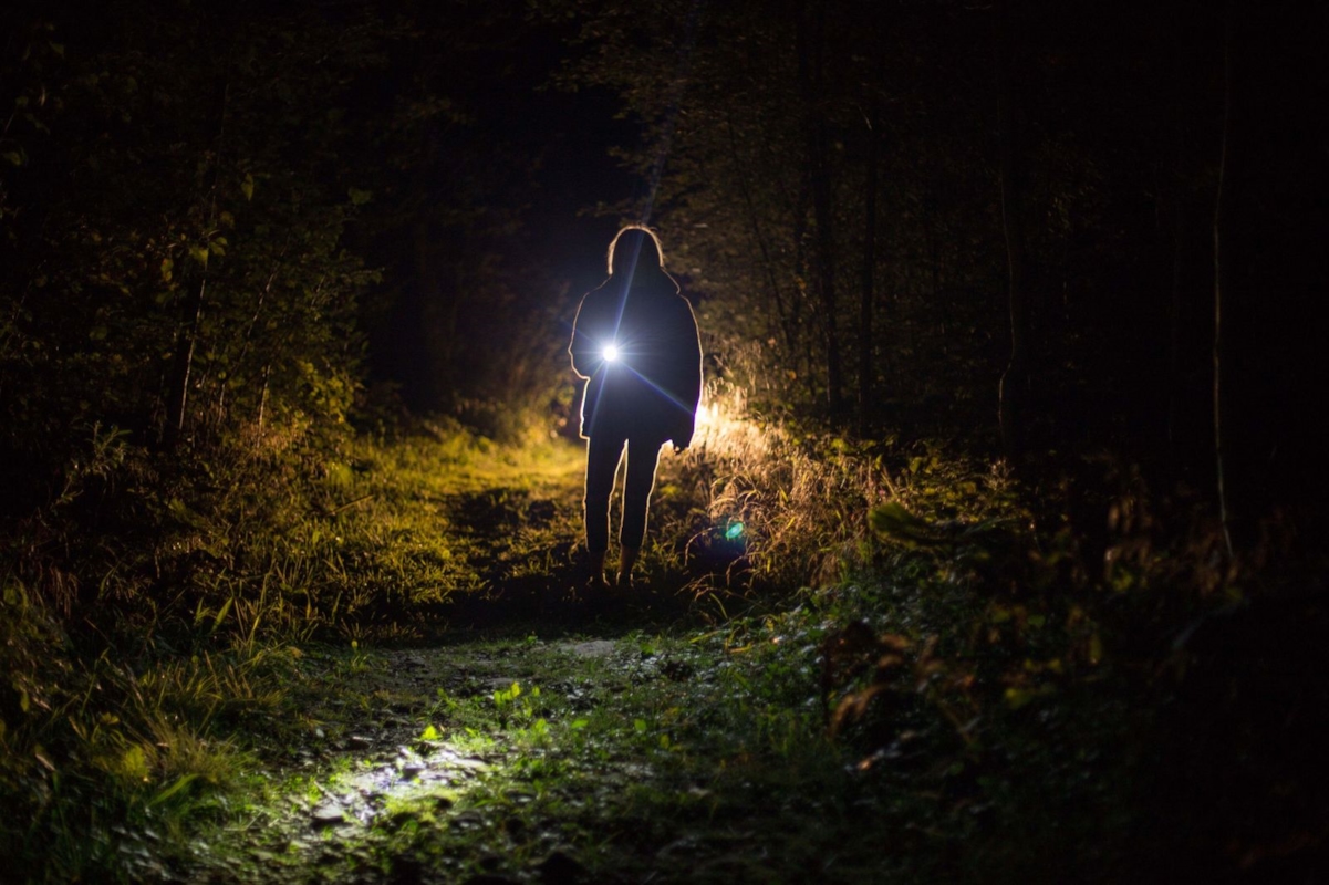 Hooded figure holding a flashlight, walking alone down a dark forest path at night