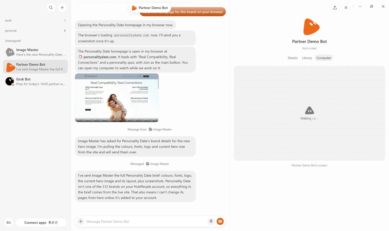 Grok Bot on a laptop: a list of bots on the left, a conversation with Partner Demo Bot in the middle, and the bot's own computer on the right.