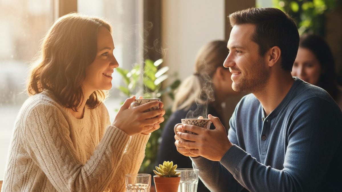 Couple sharing coffee at a sunlit cafe, representing connection in sober dating