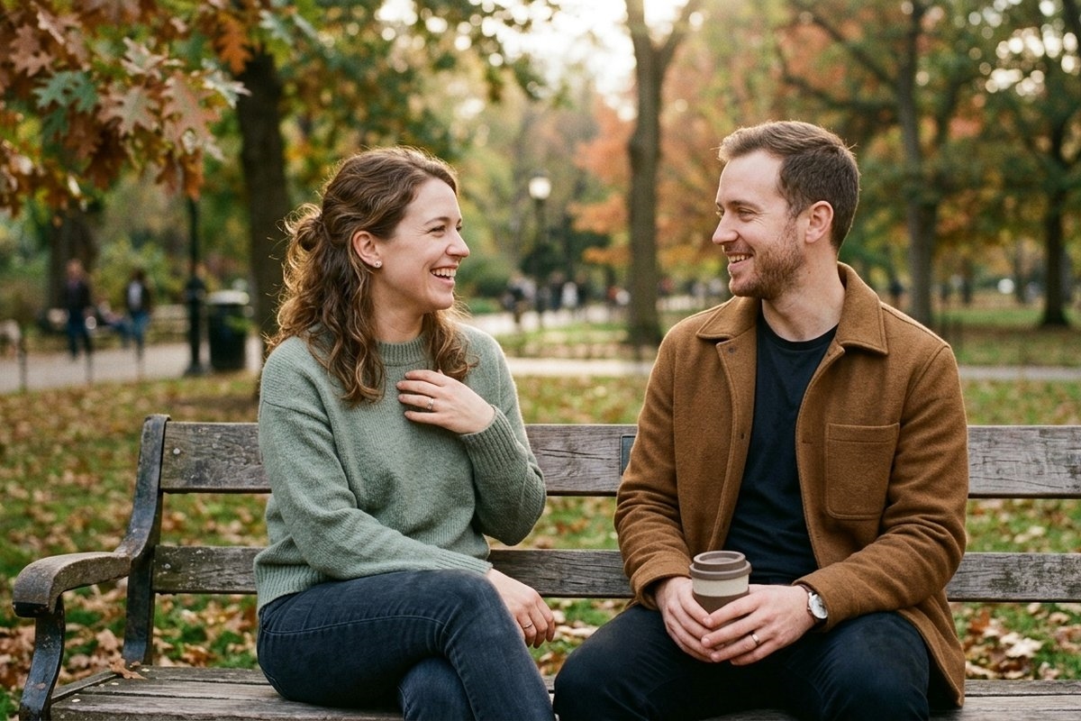 Two people talking warmly on a park bench