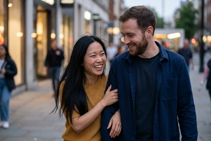 A woman with long straight black hair in a mustard knit top laughs and holds the arm of a bearded man in a navy overshirt as they walk down a city street in the early evening (AI-generated image)