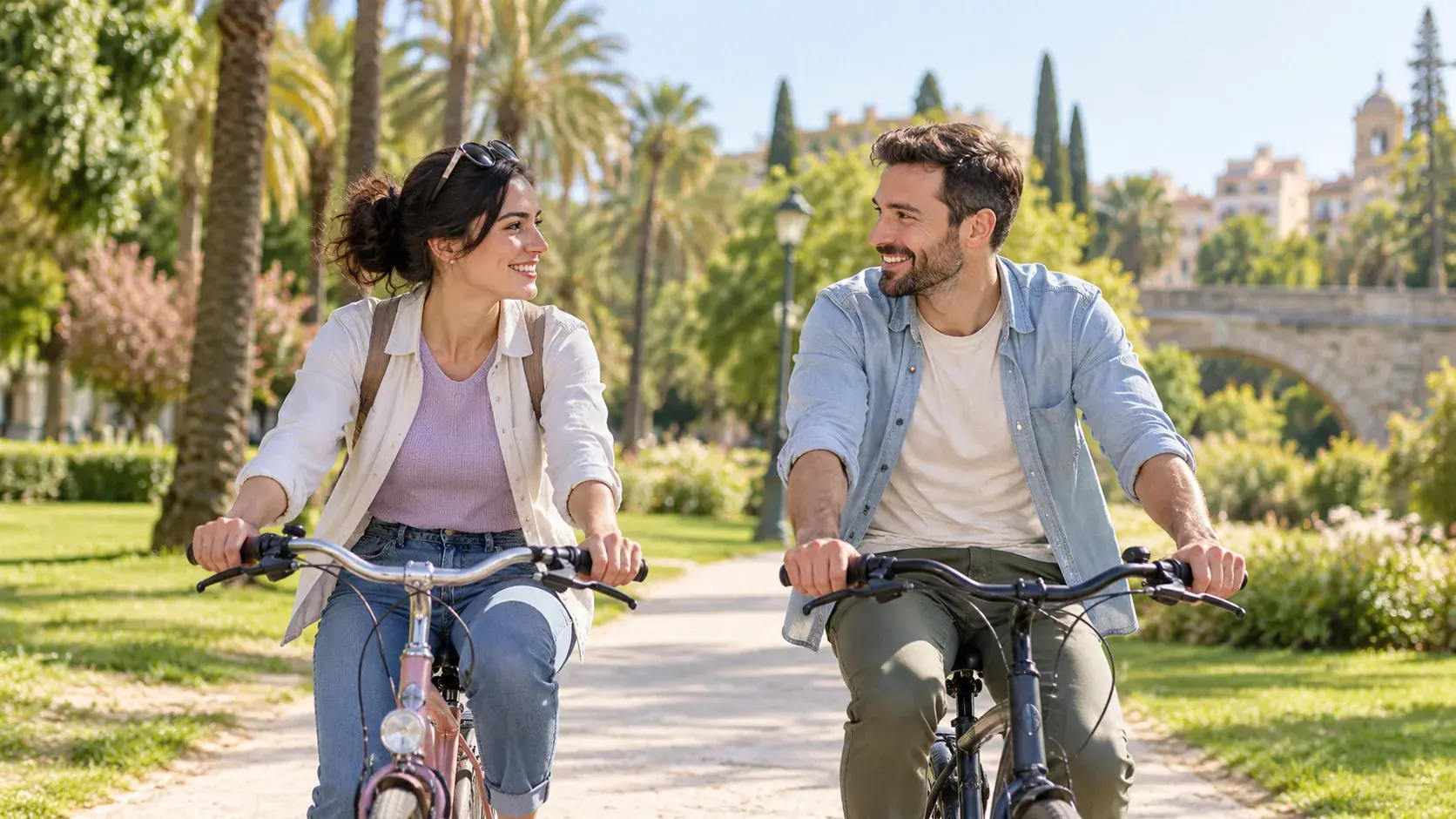 Dos personas adultas pasean en bicicleta sonriendo por un jardín urbano con palmeras