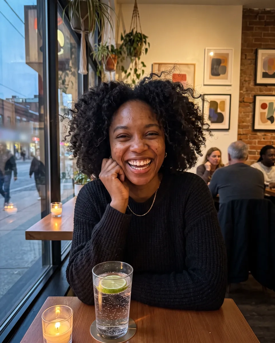 A woman with curly hair laughing at a candlelit window table in a Queen West cafe, Toronto (AI-generated image)