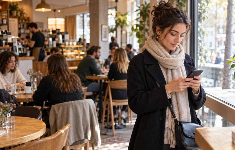 Persona esperando junto a la ventana en una cafetería concurrida con luz de día