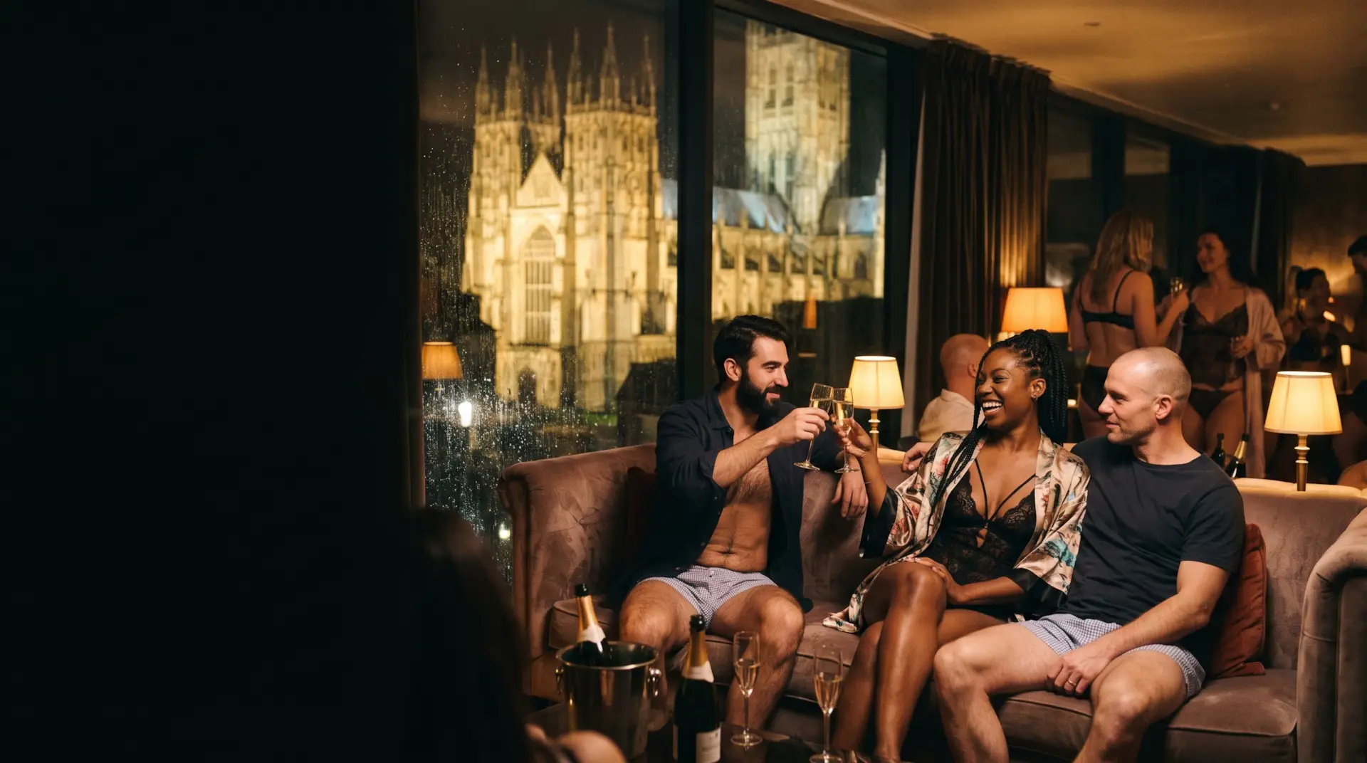 A woman between two men on a club sofa, Canterbury Cathedral floodlit through the window