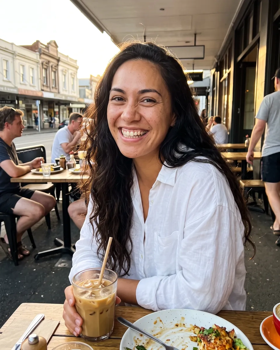 A laughing woman with an iced coffee at a sunny cafe table on Auckland's Ponsonby Road (AI-generated image)