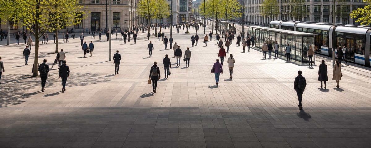A wide paved city square in bright morning light, people walking in several directions and trams waiting at a stop along one side