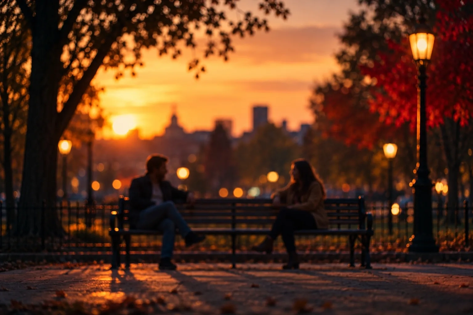 Dos adultos conversan sentados en extremos opuestos de un banco de parque urbano al atardecer