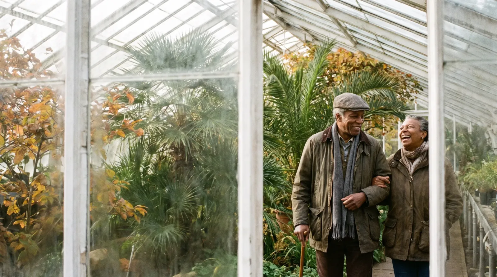 A couple in their sixties walking arm in arm and laughing in a botanic garden glasshouse; the man walks with a stick