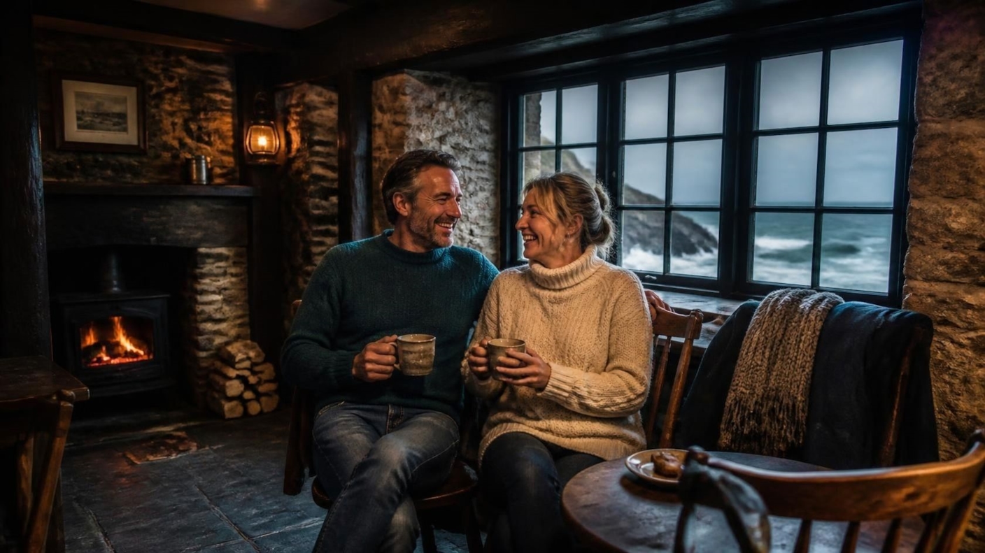 A couple sharing a drink by the fire in a cosy Cornish pub