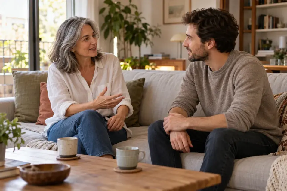Relaciones con diferencia de edad: mujer madura y hombre más joven conversando sentados en el sofá de un salón