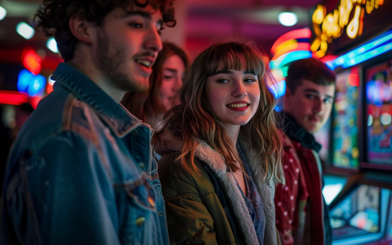 Friends laughing together in a neon arcade