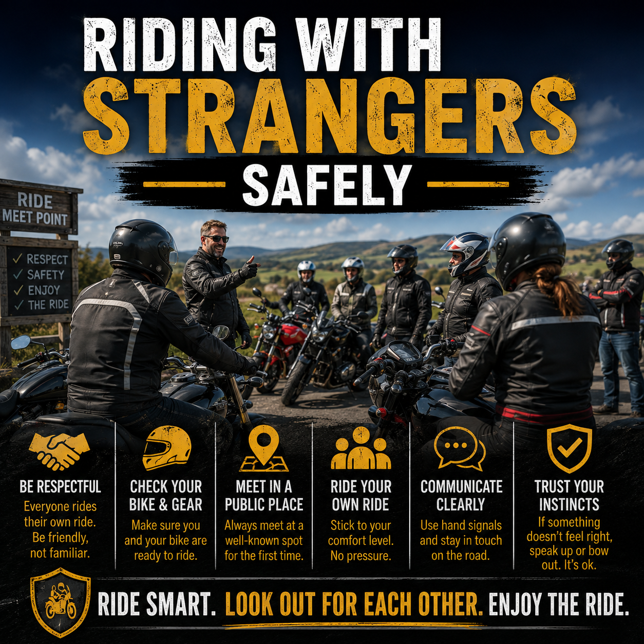 A group of riders in high-visibility gear doing a pre-ride briefing in a car park