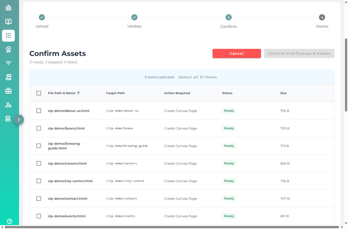 The Validate and Confirm screen showing the summary 21 ready, 3 skipped, 0 failed, a select-all bar reading 0 items selected with a Select all 21 items link, and a sortable table with File Path and Name, Target Path, Action Required, Status, and Size columns.