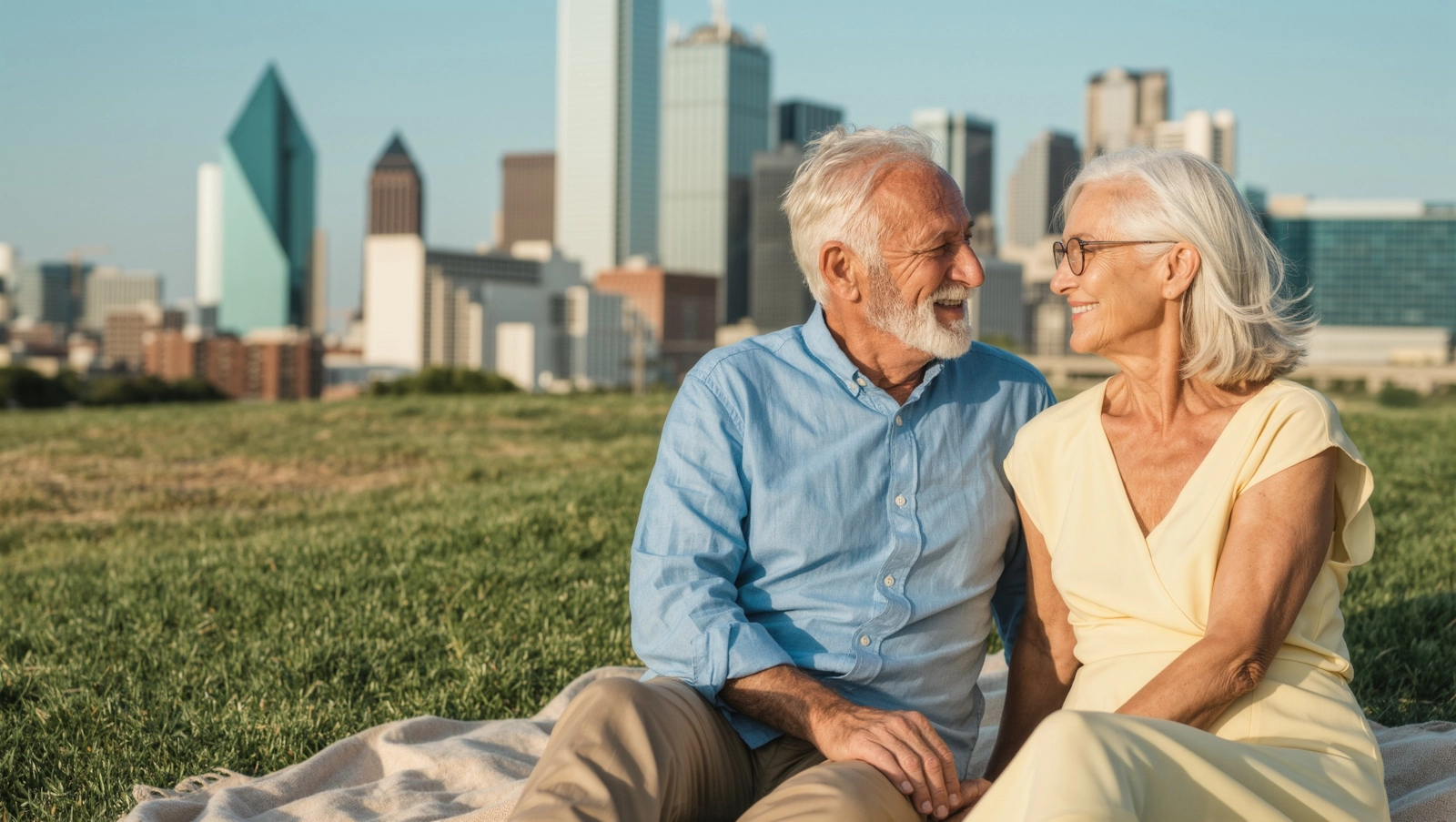 A smiling older couple sitting on a picnic blanket in a city park with a skyline behind them