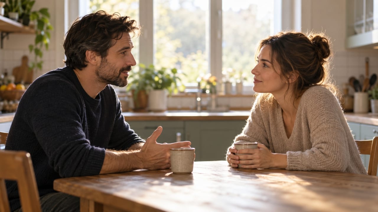 Una pareja conversa sentada frente a frente en la mesa de su cocina por la mañana, con dos tazas de café