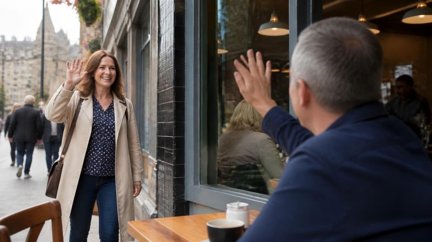 A woman waving hello as she arrives at a café, with a man waving back from a window table