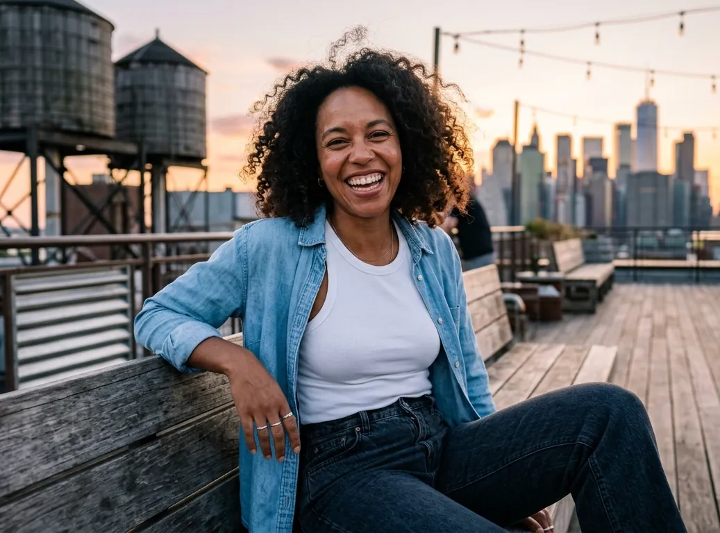 A woman with natural curly hair, a white tank top and an open denim shirt laughs on a Brooklyn rooftop at sunset, wooden water towers and a city skyline behind her (AI-generated image)