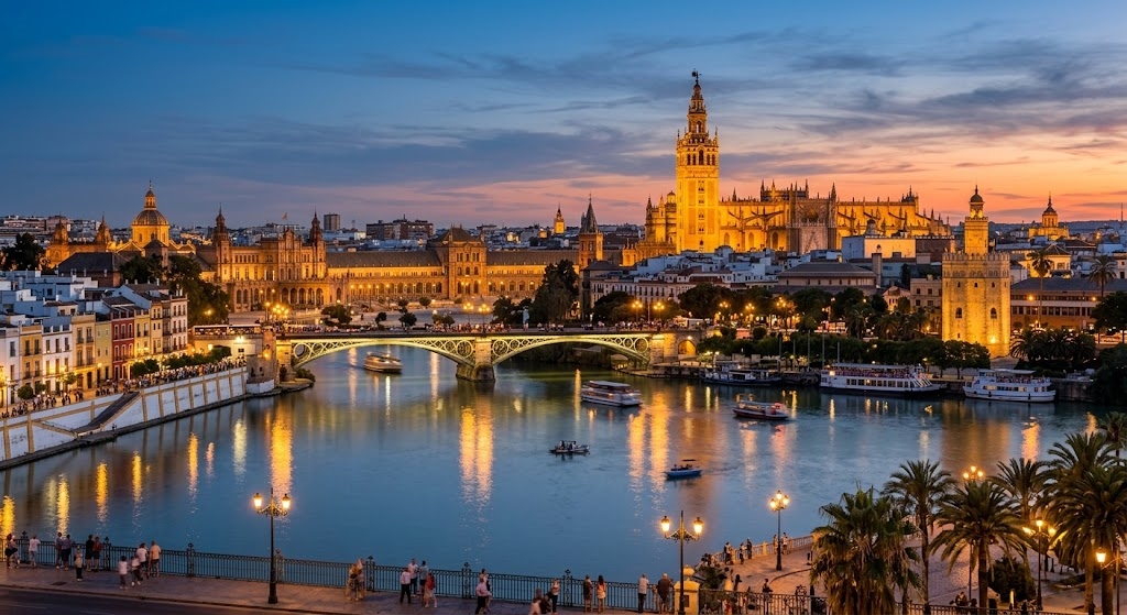 La Giralda, la Torre del Oro y el Guadalquivir en Sevilla al atardecer