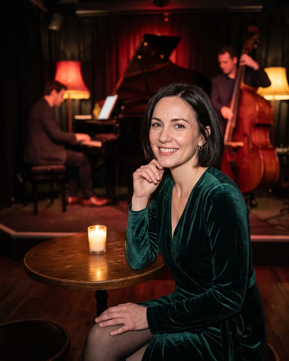 A woman with a sleek dark bob and a green velvet wrap dress smiles at a candlelit table in a dim jazz club, a pianist and bass player on the stage behind her (AI-generated image)