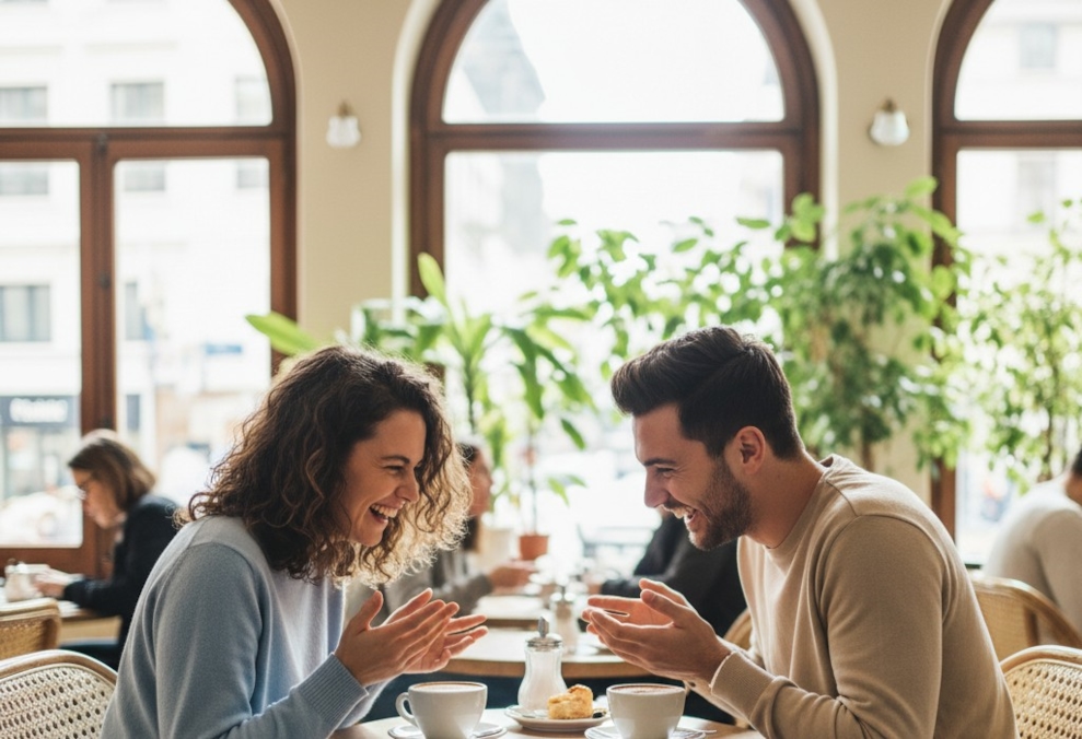 Two people engaged in animated conversation over coffee