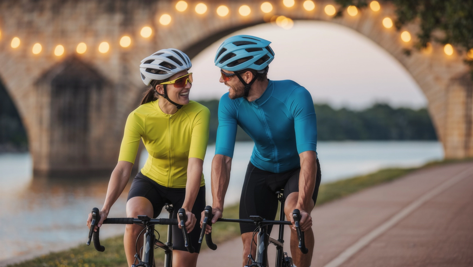 A woman and a man in cycling kit riding side by side along a riverside path, smiling at each other, a stone arch bridge behind them