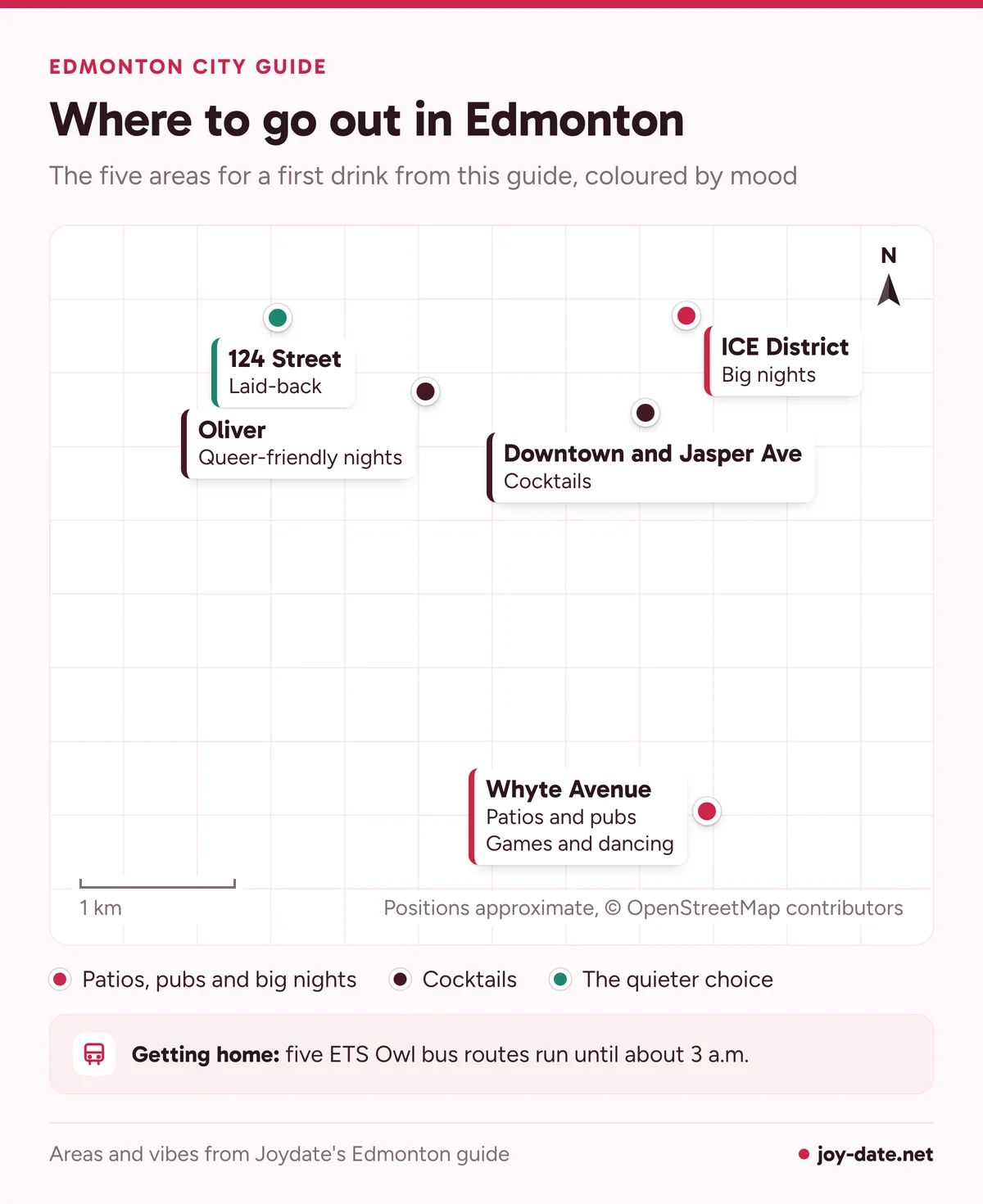 Map of Edmonton first-drink areas: Whyte Avenue south of the river, downtown and Jasper Ave, the ICE District, Oliver and 124 Street