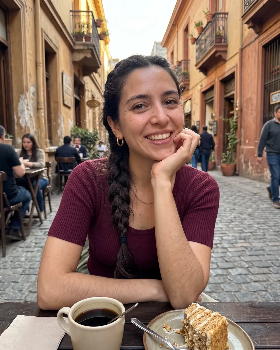 Una mujer con una trenza larga apoya la barbilla en la mano en la mesa de un café de una calle empedrada de Barrio Lastarria, con café y un trozo de torta (imagen generada por IA)