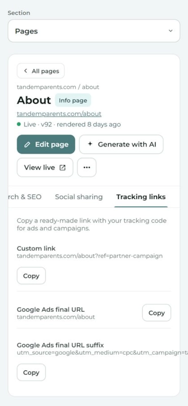Pages: tracking links, on a phone.