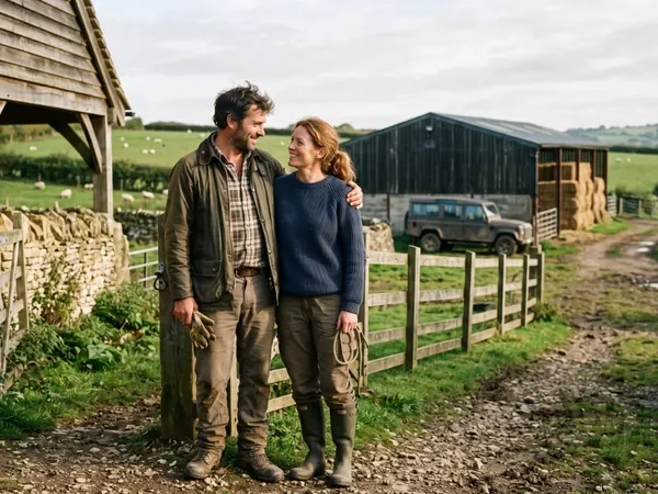 A couple standing together outside a stone barn