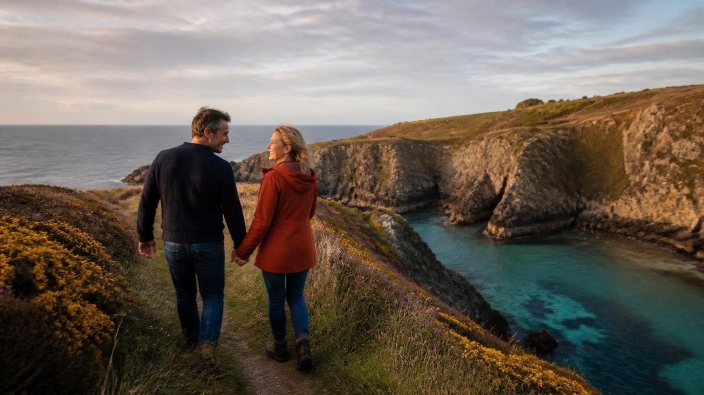 A couple walking hand in hand on a clifftop coast path above a turquoise Cornish cove
