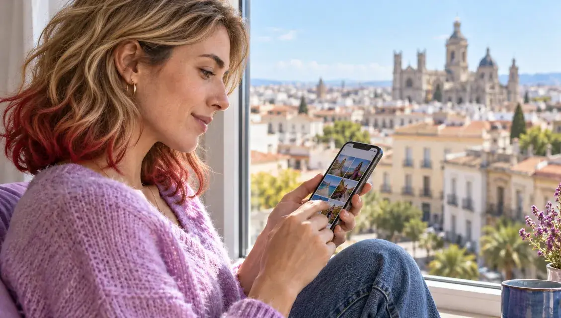 Persona revisando las fotos que compartirá en su perfil