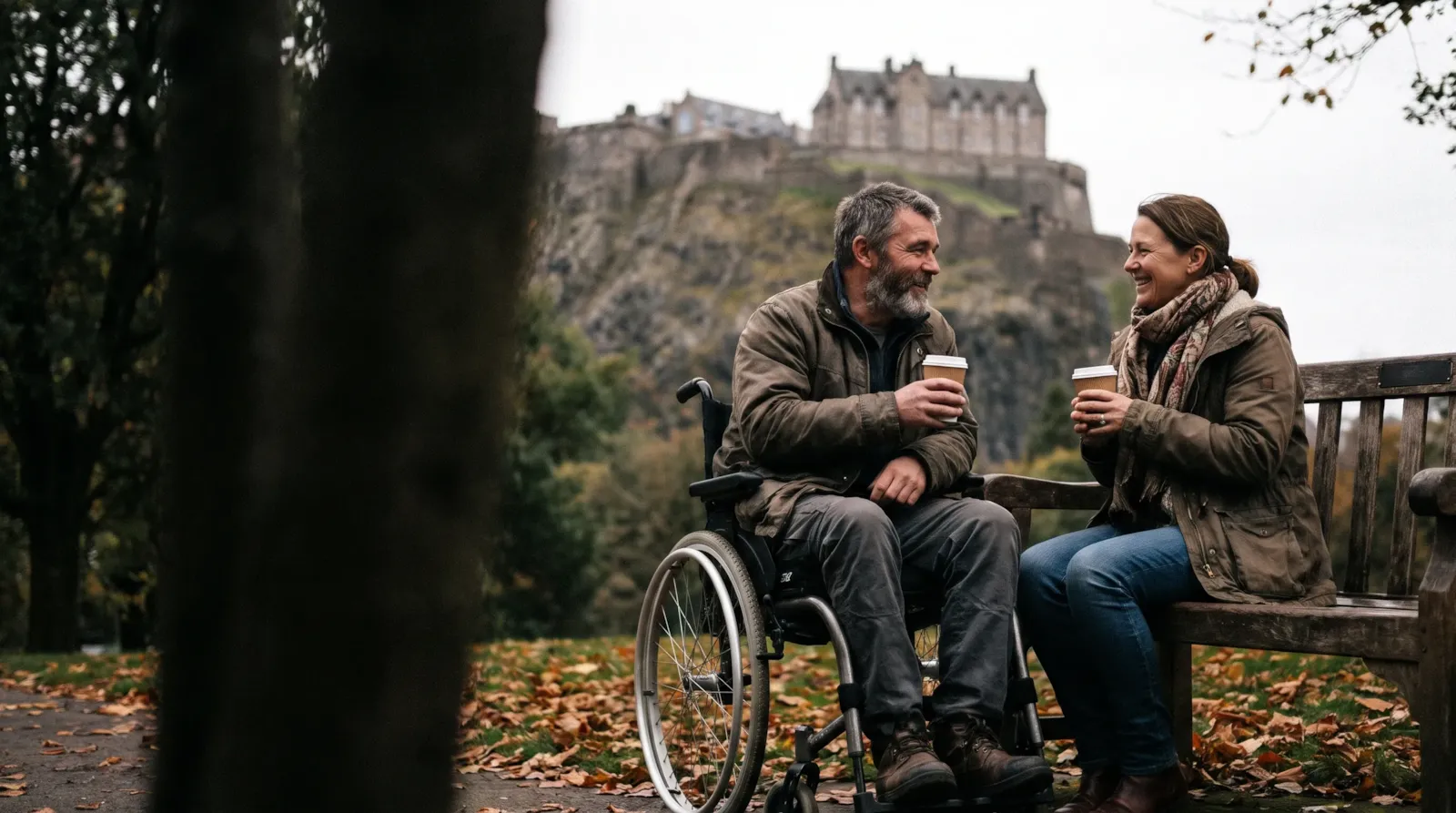 A couple with coffees in Princes Street Gardens below Edinburgh Castle; the man is a wheelchair user