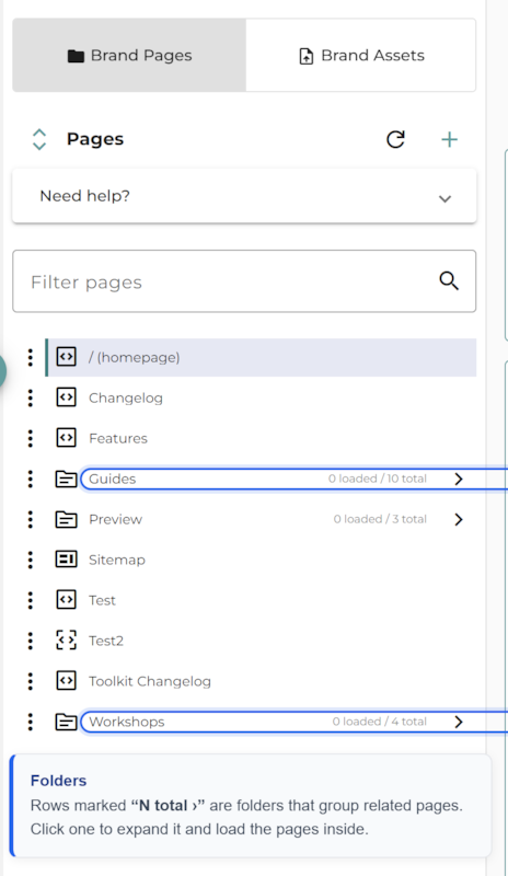 The page browser on the Pages tab. At the top, a Brand Pages / Brand Assets toggle. Below it a Filter pages search box, then the page tree: the homepage, Changelog, Features, then Guides and Workshops shown as folders reading 0 loaded / 10 total and 0 loaded / 4 total with an expand arrow, plus Sitemap, Test, and Toolkit Changelog. The two folder rows are highlighted.