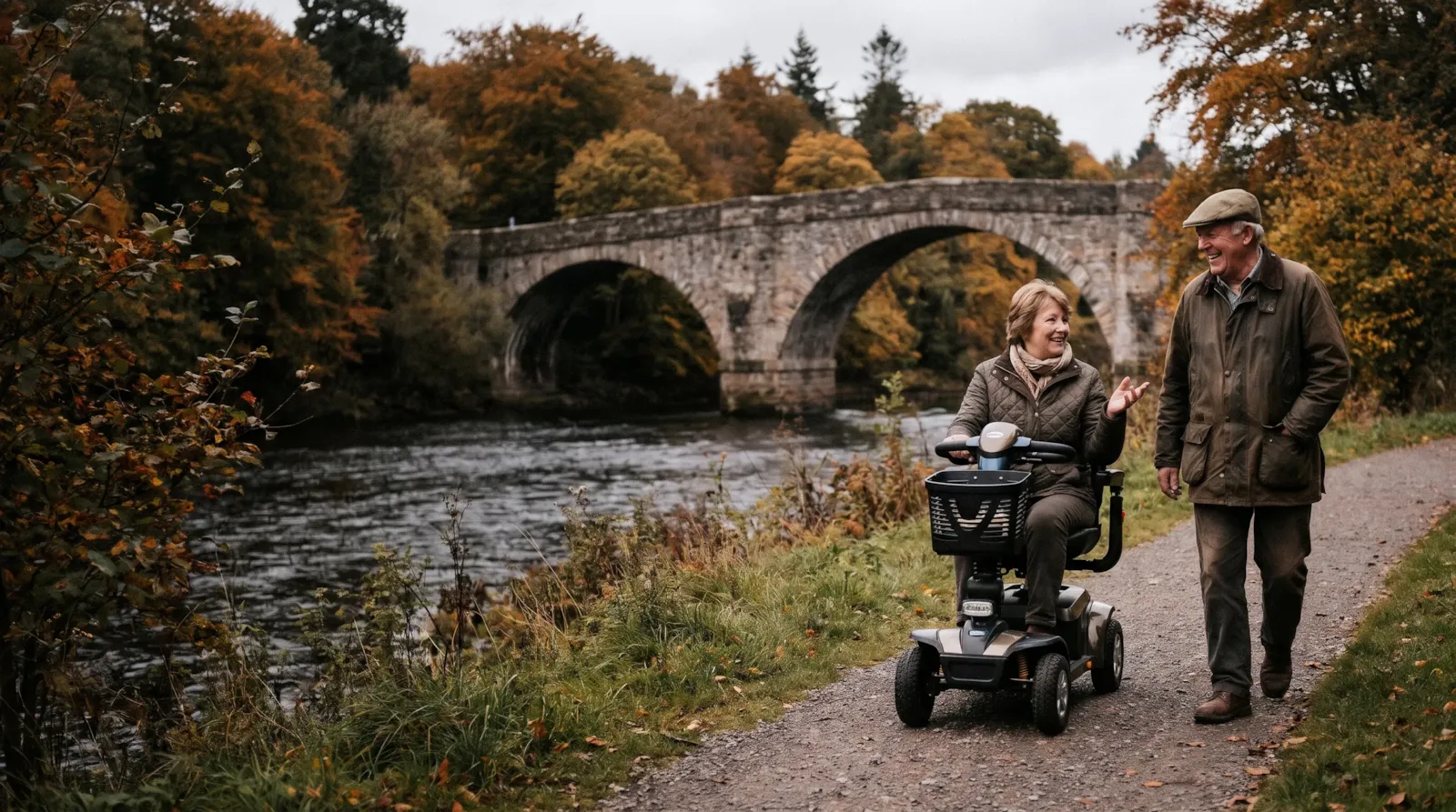 A couple on an autumn riverside path by the Tay in Perthshire; the woman rides a mobility scooter