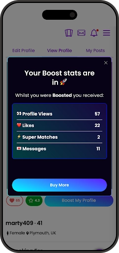 The post-boost summary showing profile views, likes, super matches and messages received