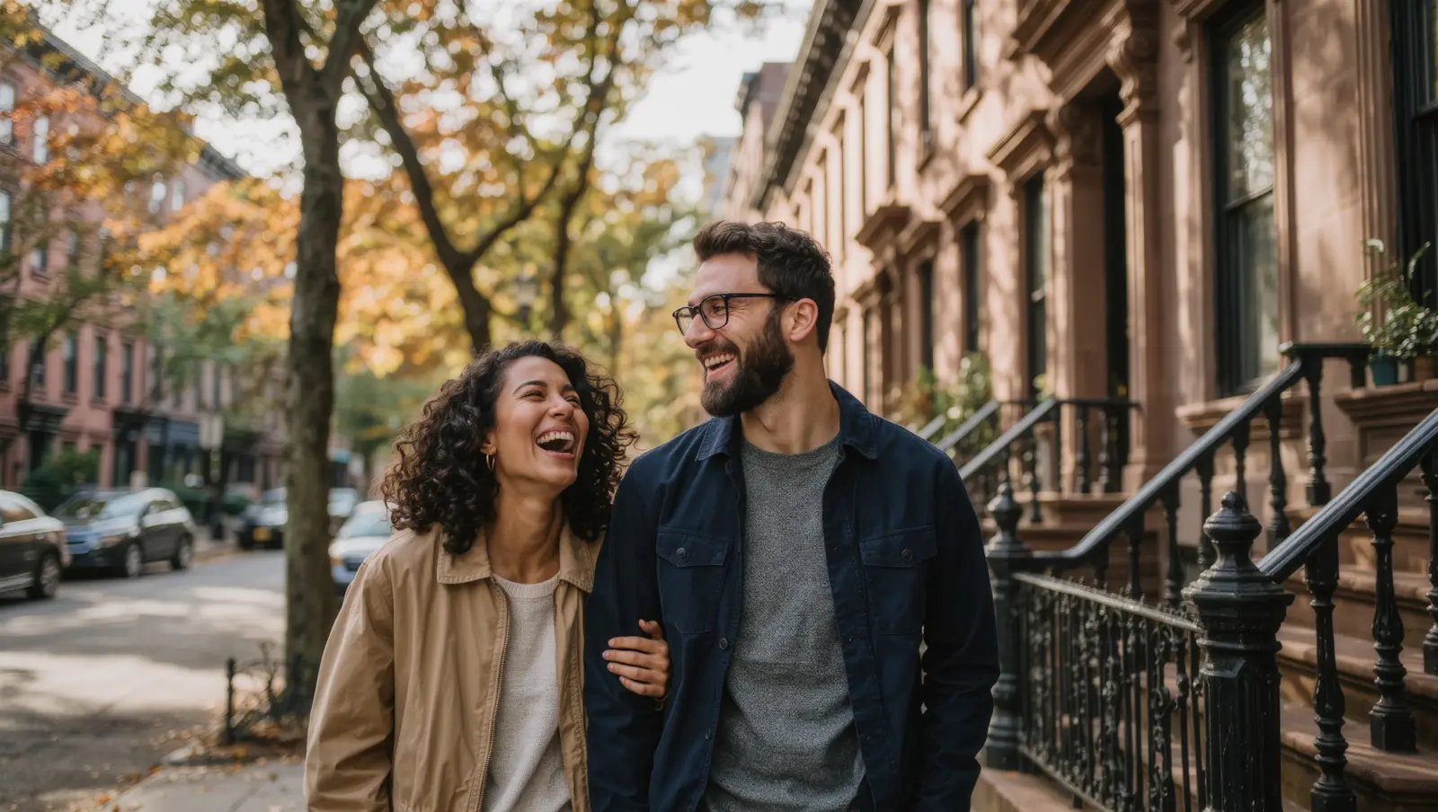 A couple laughing together as they walk along a tree-lined brownstone street in autumn