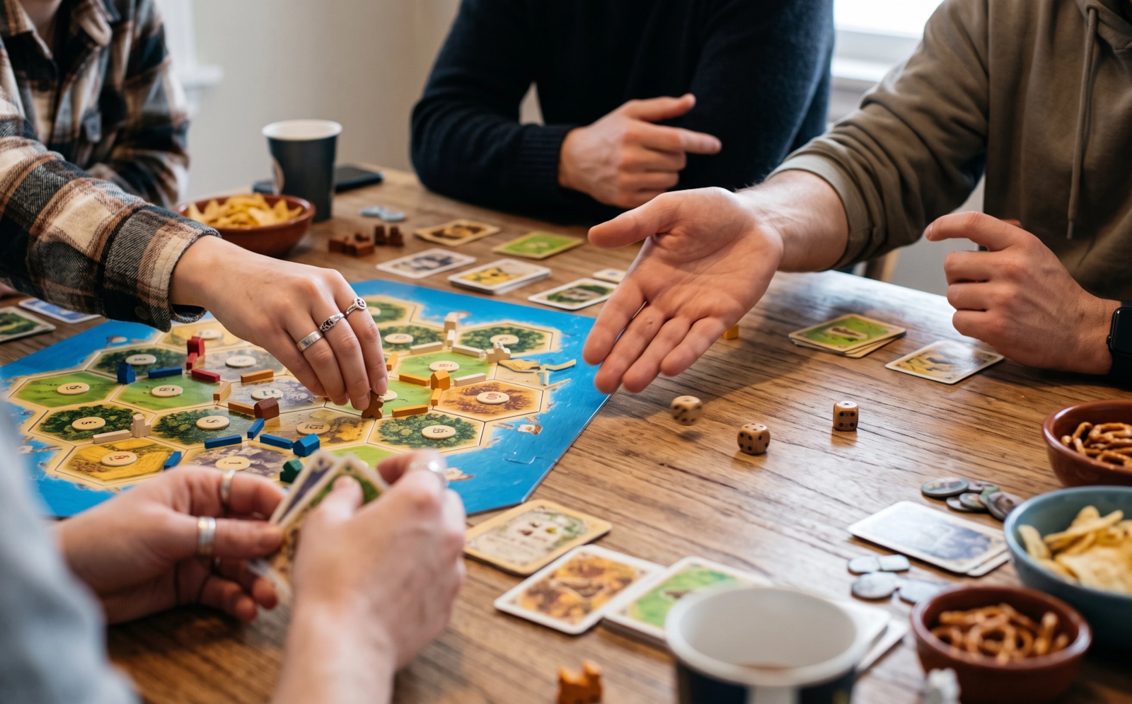 Hands moving pieces on a strategy board game with snacks on the table