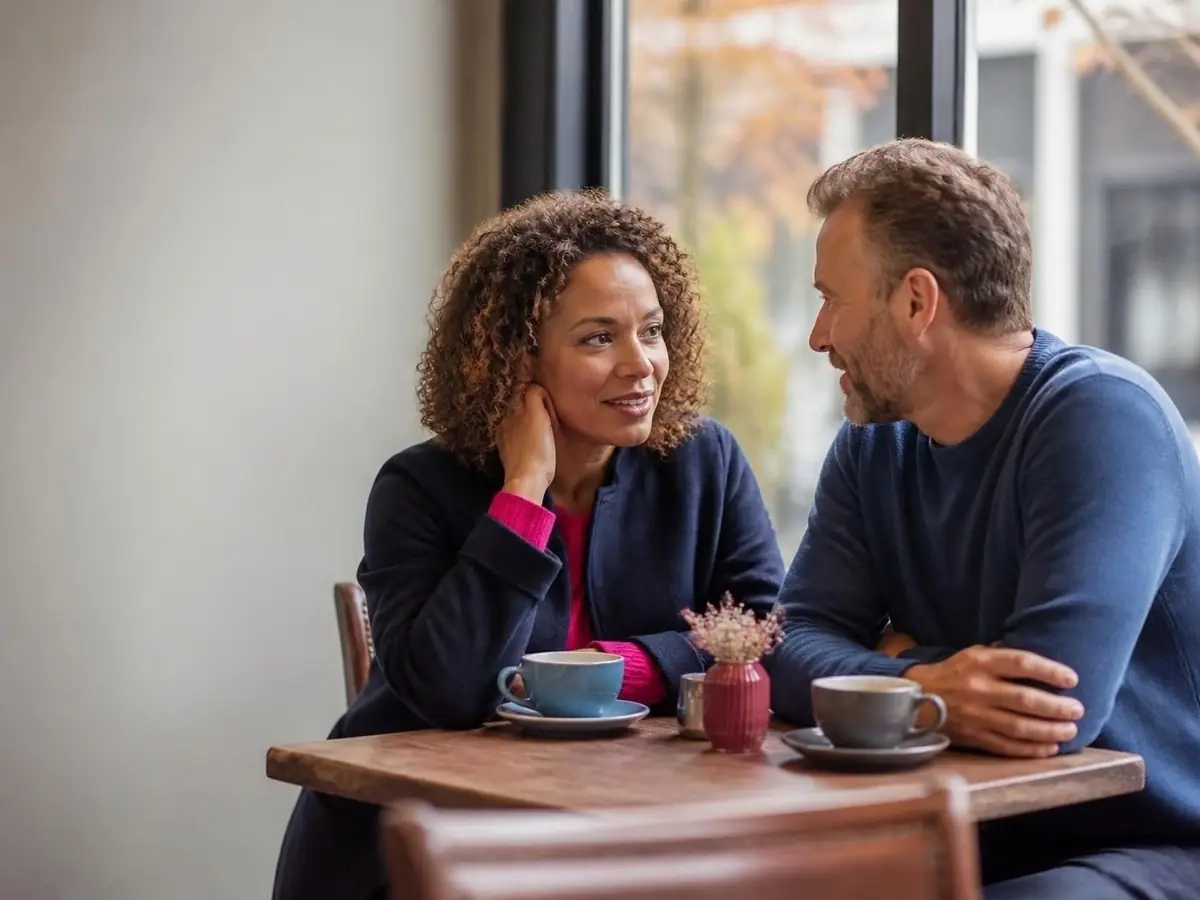 A single Mum and Dad chatting over coffee by a café window