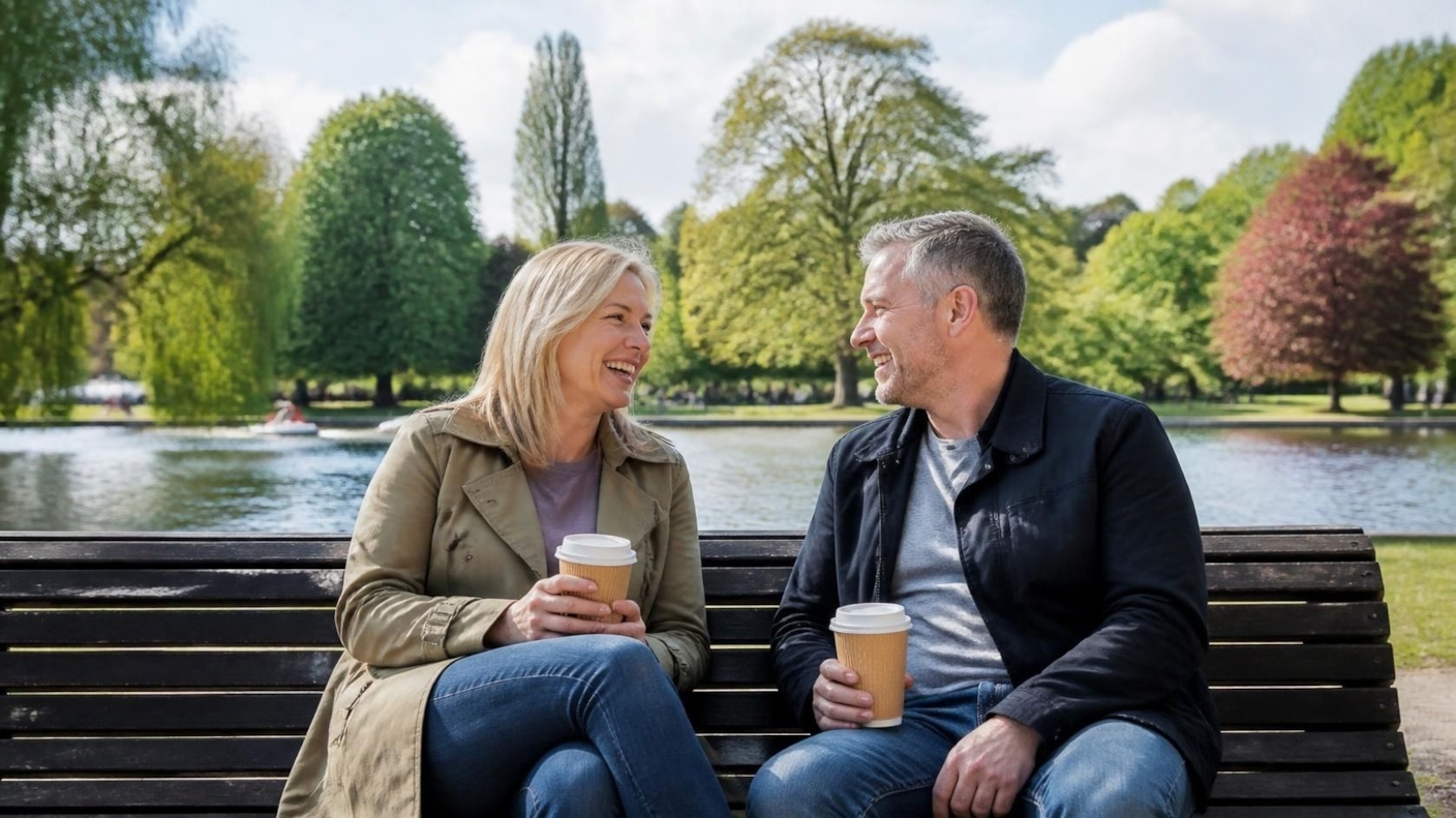 A couple laughing over takeaway coffees on a bench in a city park beside a lake