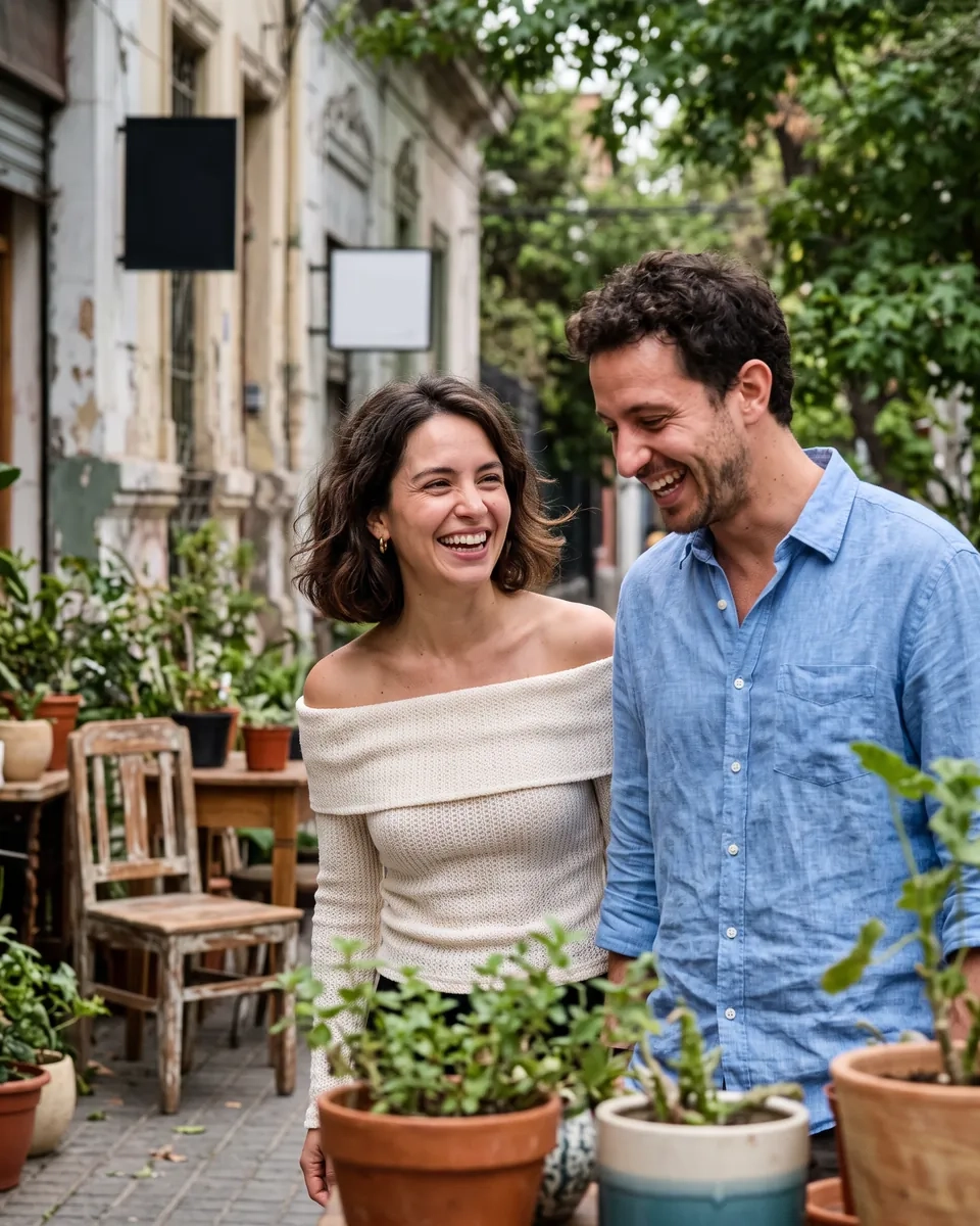 Una mujer con melena corta ondulada y un chico con camisa de lino se ríen entre plantas y muebles antiguos en una calle arbolada de Santiago (imagen generada por IA)
