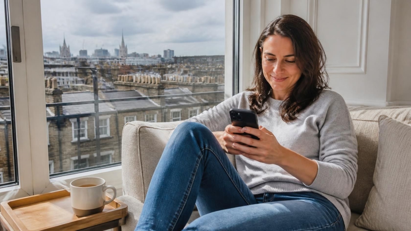 A woman smiling at her phone on a sofa by a window with a city view