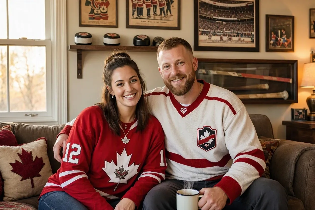 Couple in red and white hockey jerseys relaxing on a couch at home