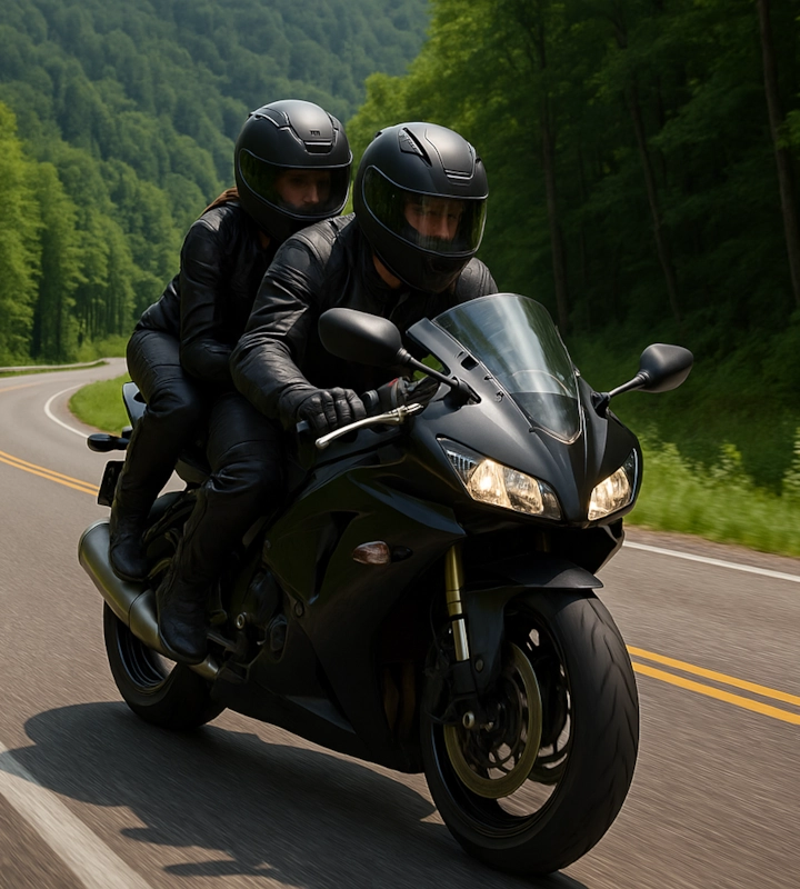 Rider and pillion in corner