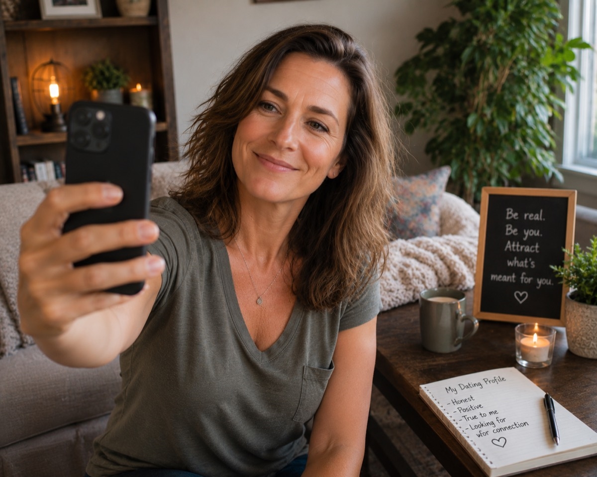 A woman takes a selfie on her phone in her living room, smiling warmly, with a notebook titled 'My Dating Profile' listing 'honest, positive, true to me' on the table beside her
