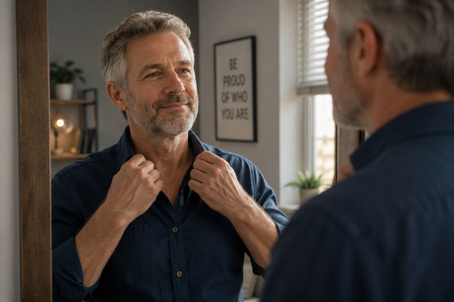 A man adjusts his shirt collar while looking at his reflection in a mirror, smiling with quiet self-assurance, a framed sign reading 'be proud of who you are' on the wall behind him