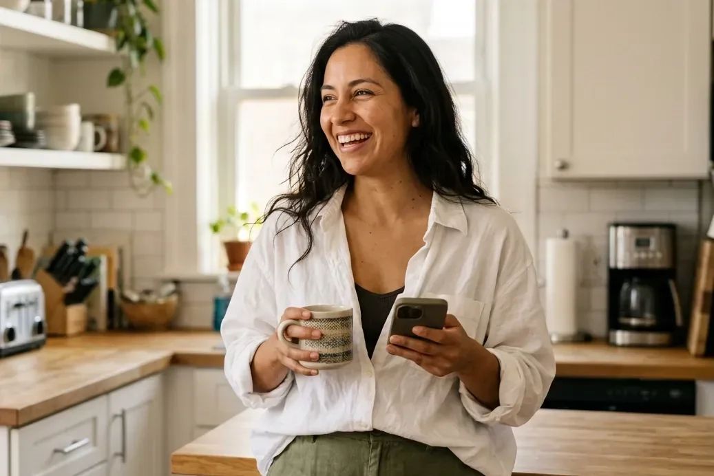 A smiling woman with long dark hair, a loose white shirt and a coffee mug reads a message on her phone in a bright kitchen (AI-generated image)