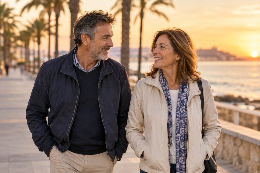 Hombre y mujer de unos cincuenta y cinco años paseando y conversando por un paseo marítimo al atardecer