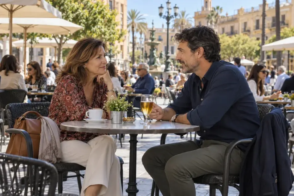 Cómo organizar una primera cita segura: dos personas adultas conversando en la terraza de una cafetería de una plaza céntrica, de día y con gente alrededor